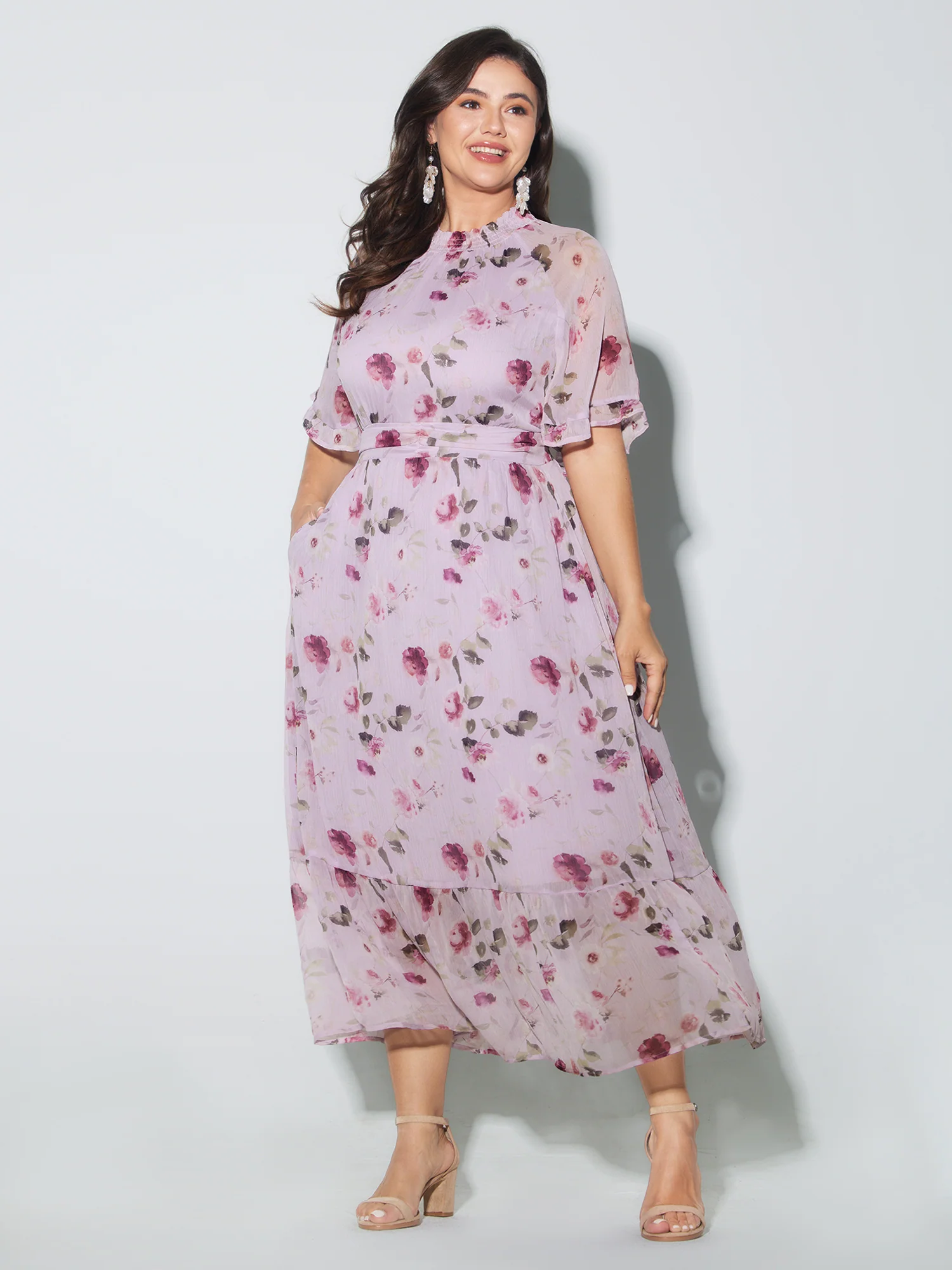 Floral Print Pockets Shirred Mock Neck Maxi Dress - Image 3