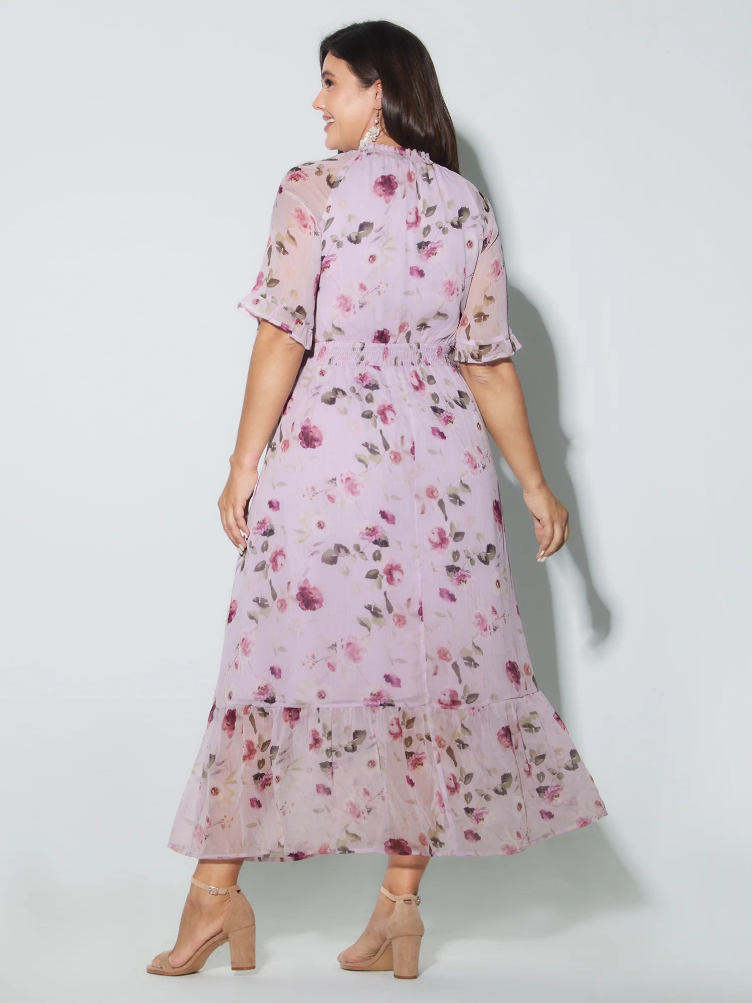 Floral Print Pockets Shirred Mock Neck Maxi Dress - Image 4