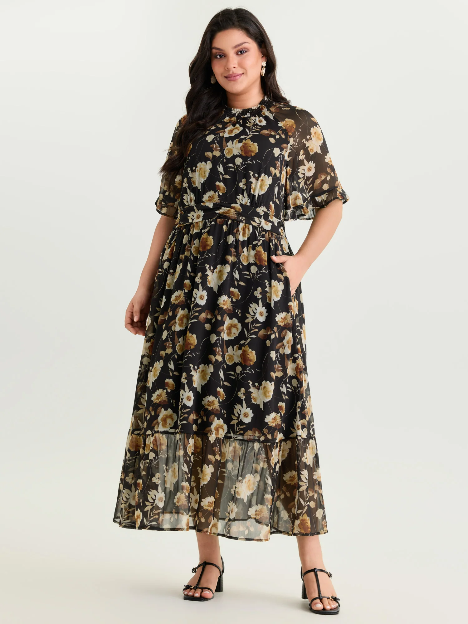 Floral Print Pockets Shirred Mock Neck Maxi Dress - Image 8
