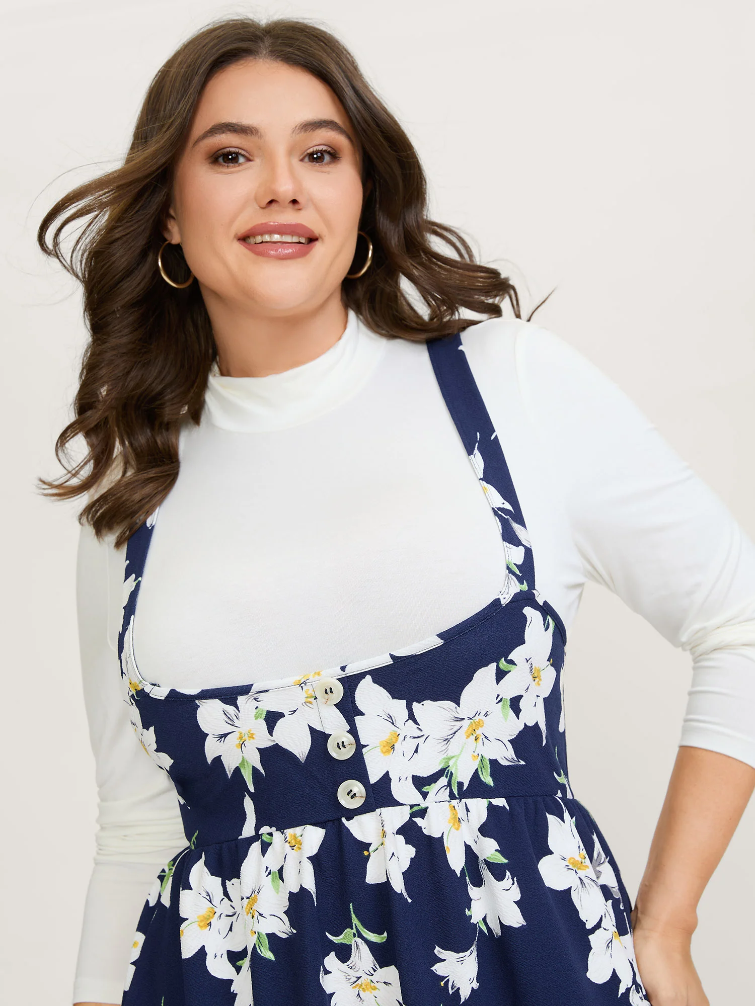 Floral Print Pockets Suspender Skirt Midi Dress - Image 2