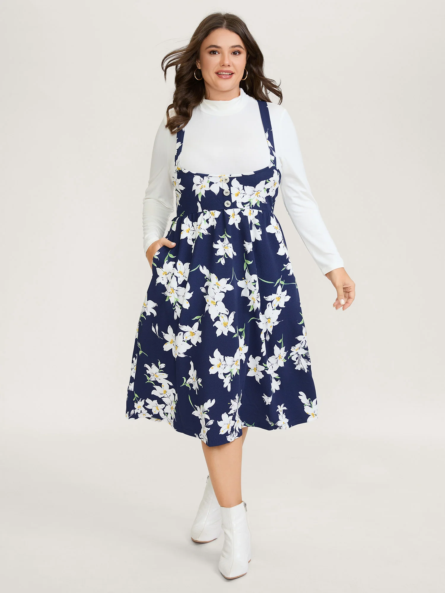 Floral Print Pockets Suspender Skirt Midi Dress - Image 3