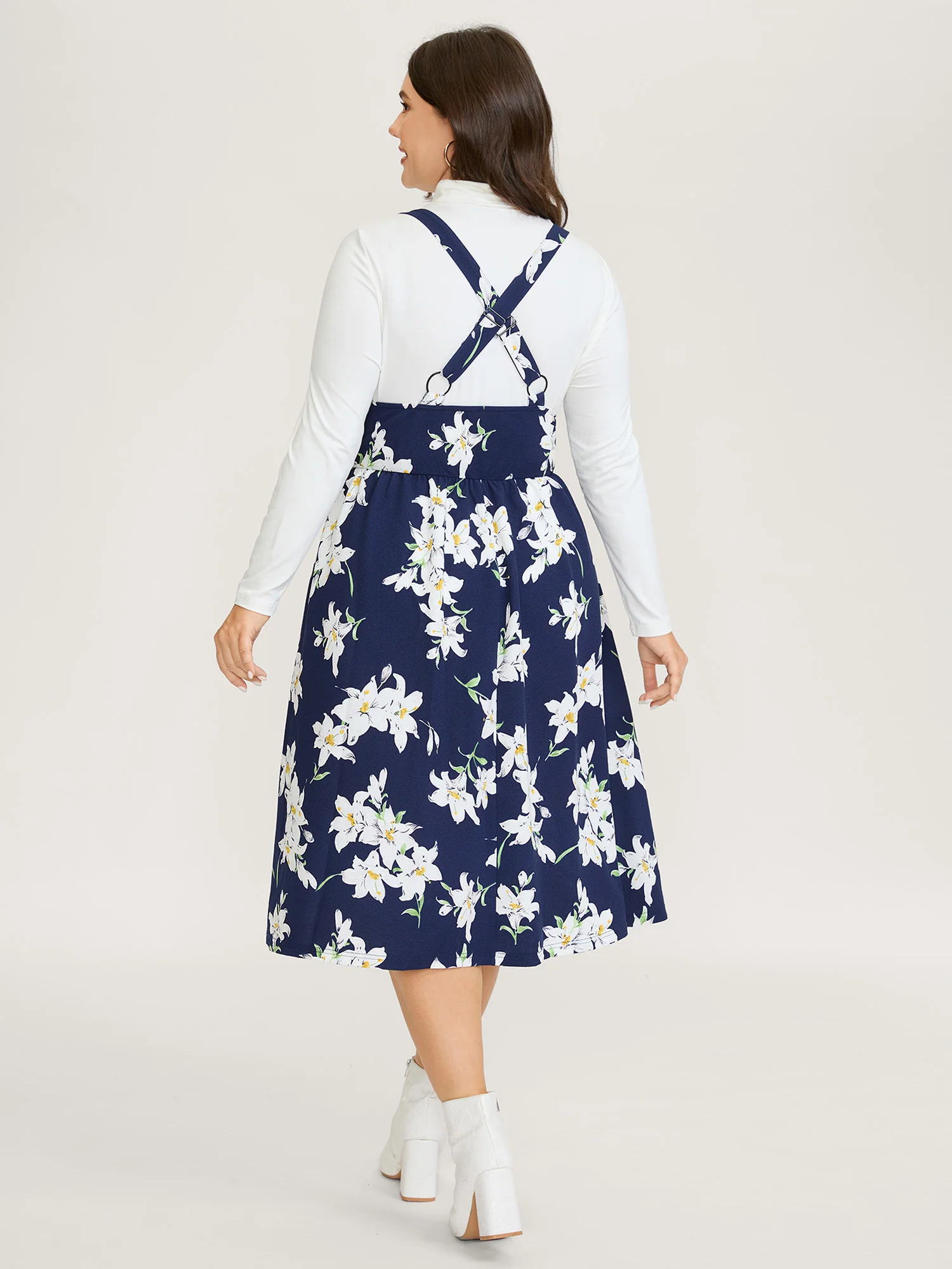 Floral Print Pockets Suspender Skirt Midi Dress - Image 4