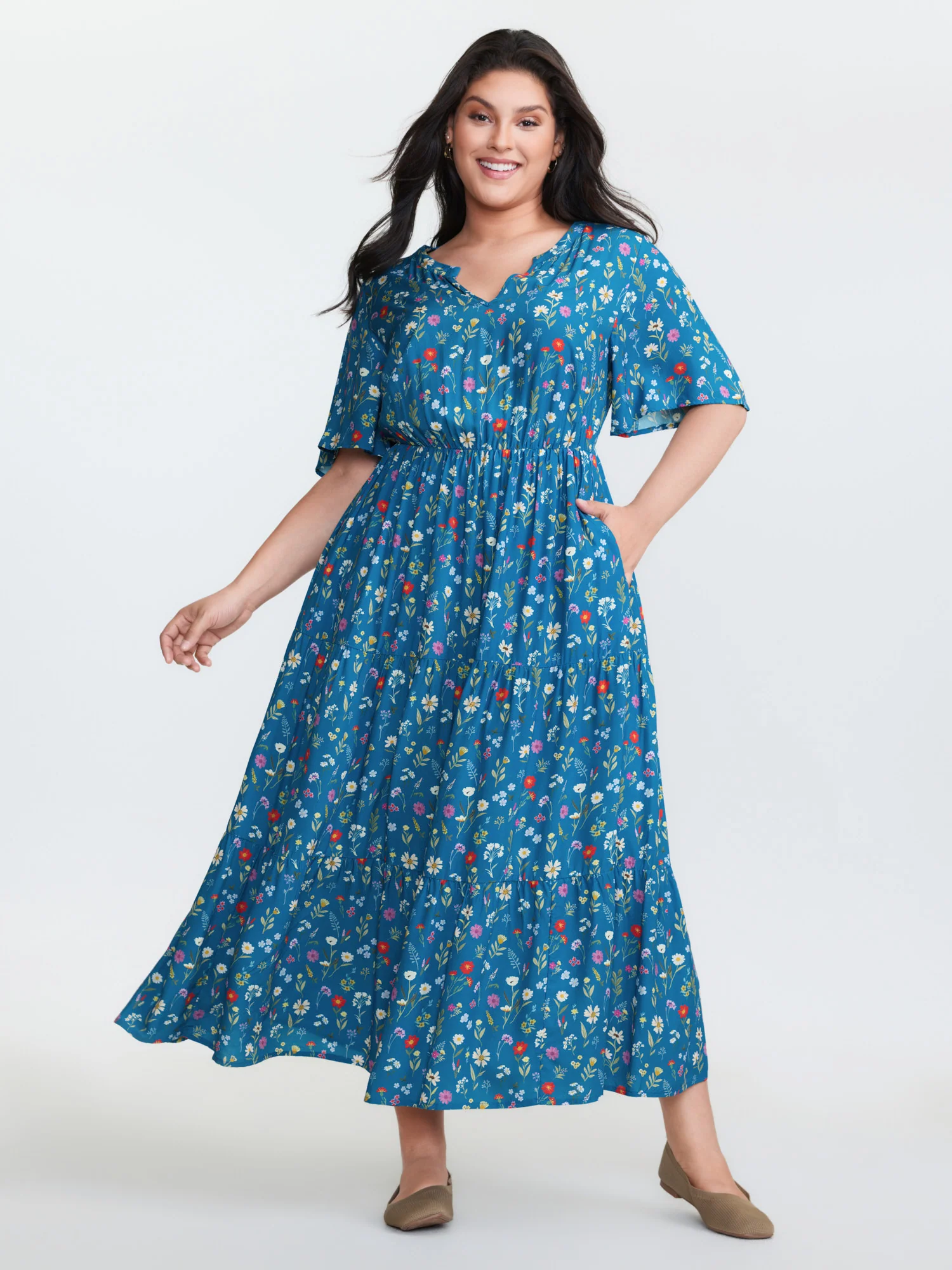 Floral Print Pockets Tiered Maxi Dress - Image 3