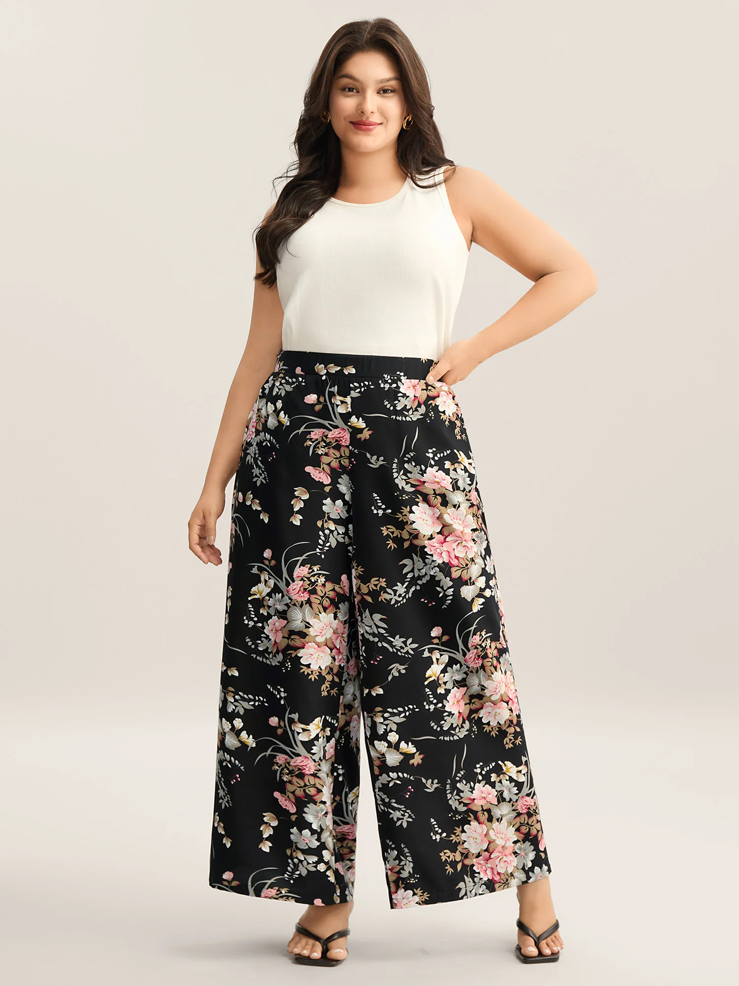 Floral Print Pockets Wide-Leg Pants - Image 2