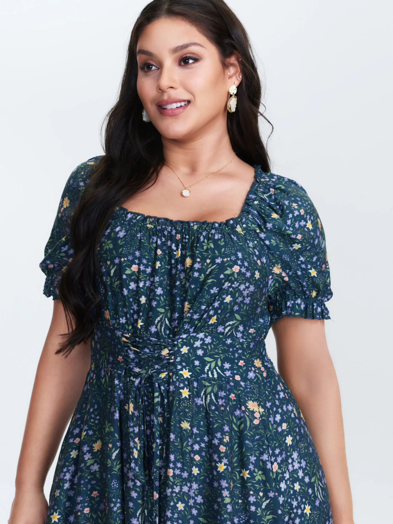 Floral Print Puffy Sleeve Cinched-Waist Midi Dress - Image 2