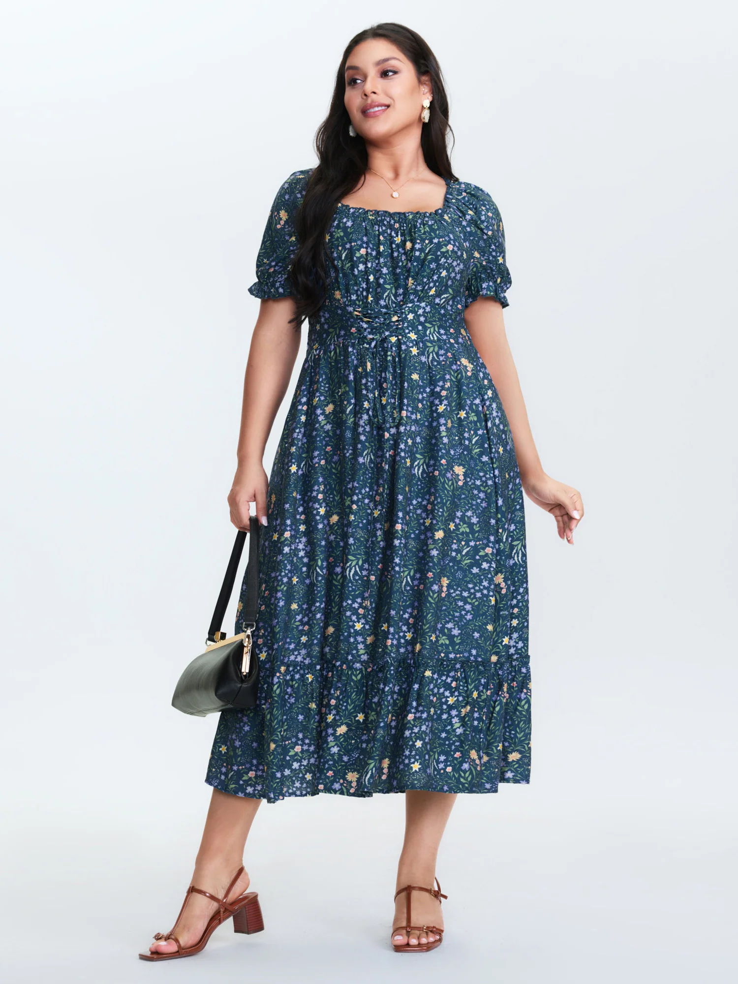 Floral Print Puffy Sleeve Cinched-Waist Midi Dress - Image 3