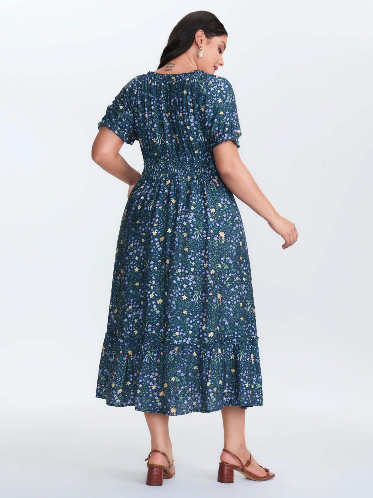 Floral Print Puffy Sleeve Cinched-Waist Midi Dress - Image 4