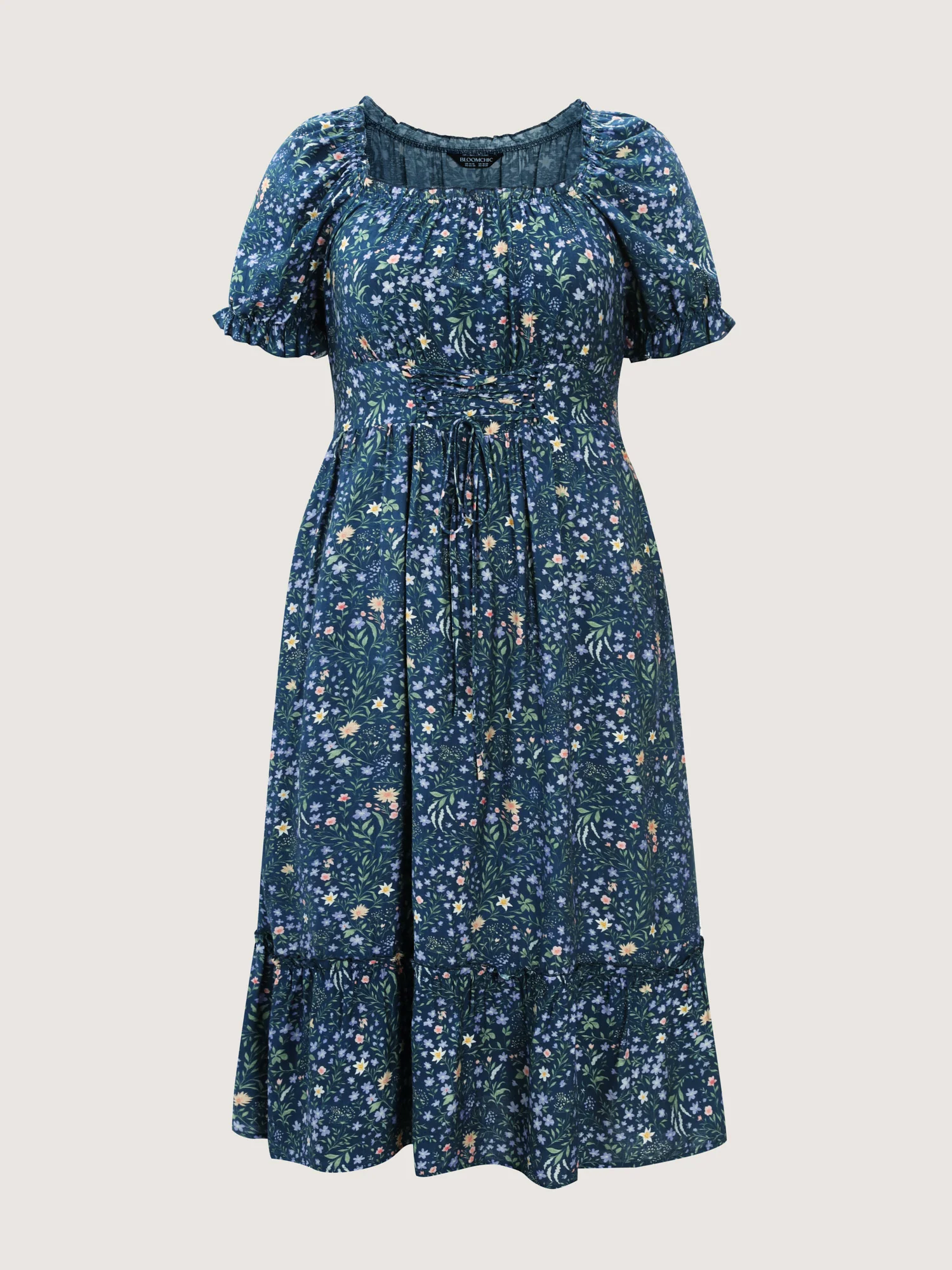 Floral Print Puffy Sleeve Cinched-Waist Midi Dress - Image 7