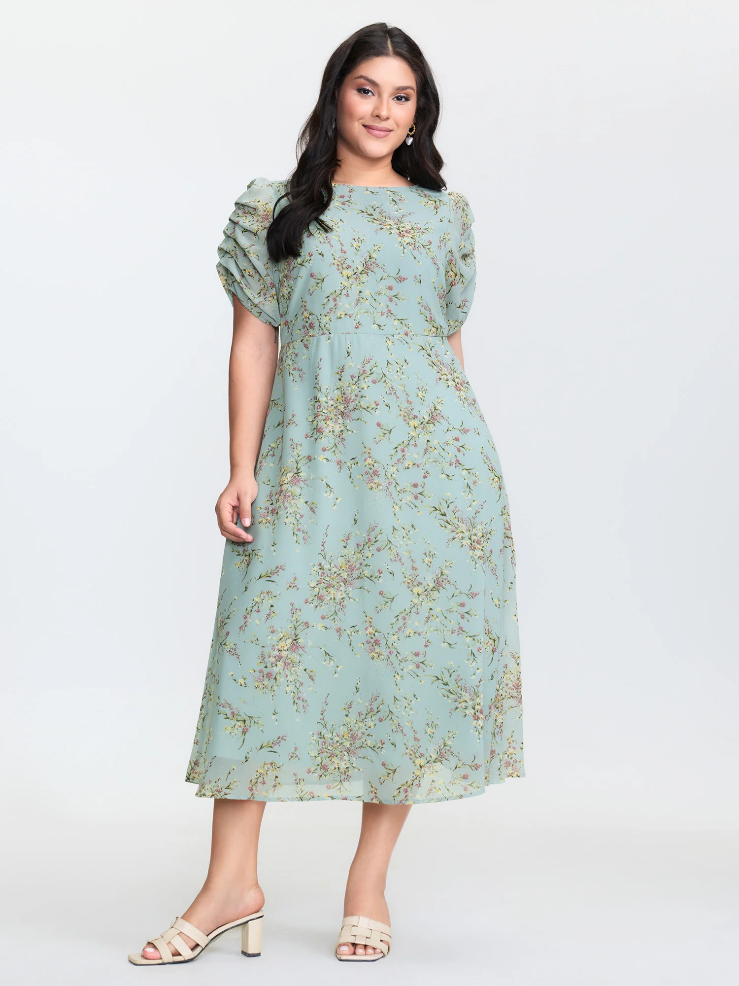Floral Print Puffy Sleeve Midi Dress - Image 3