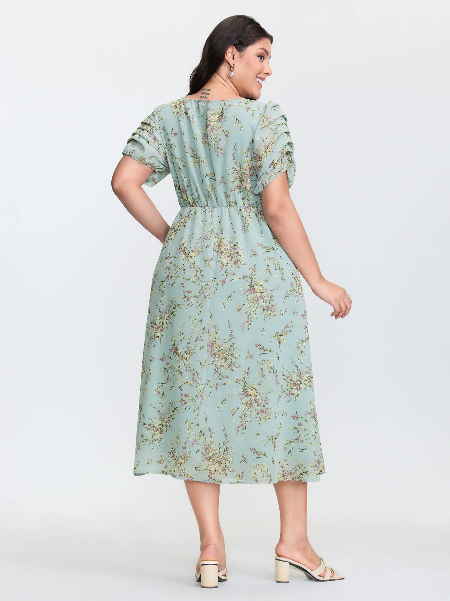 Floral Print Puffy Sleeve Midi Dress - Image 4