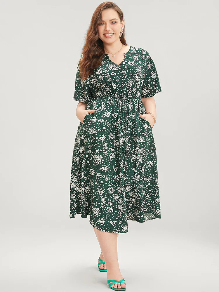 Floral Print Raglan Sleeve Pocket Drawstring Ruffles Dress - Image 2