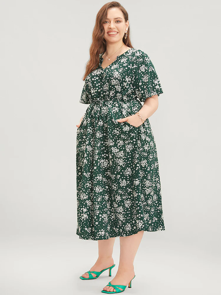 Floral Print Raglan Sleeve Pocket Drawstring Ruffles Dress - Image 3
