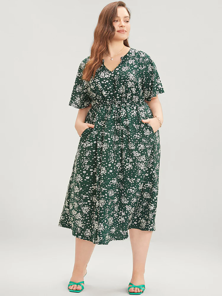 Floral Print Raglan Sleeve Pocket Drawstring Ruffles Dress - Image 4