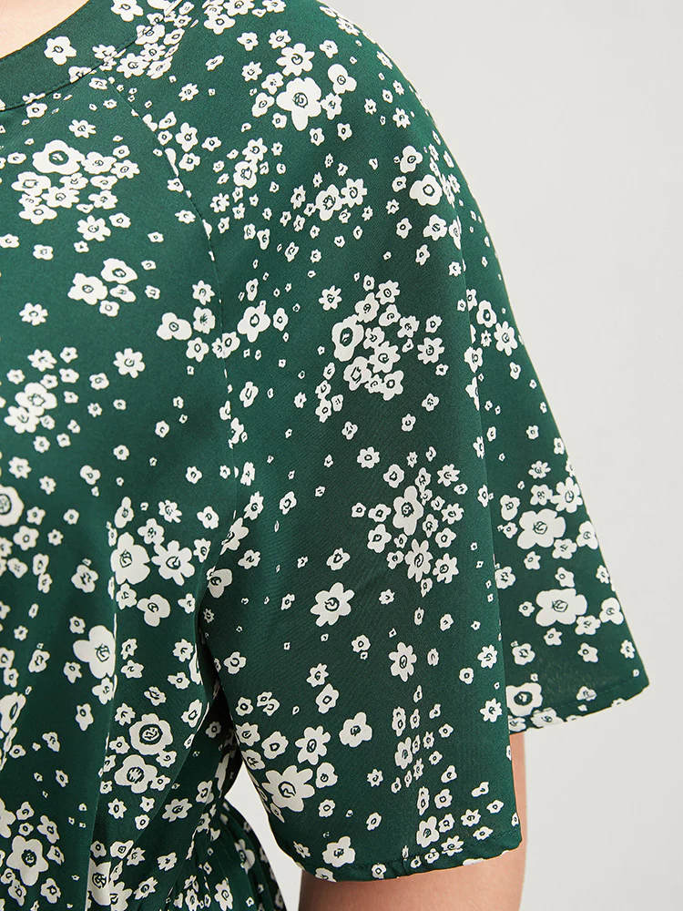 Floral Print Raglan Sleeve Pocket Drawstring Ruffles Dress - Image 6