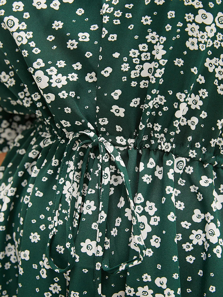 Floral Print Raglan Sleeve Pocket Drawstring Ruffles Dress - Image 7