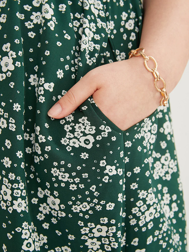 Floral Print Raglan Sleeve Pocket Drawstring Ruffles Dress - Image 8