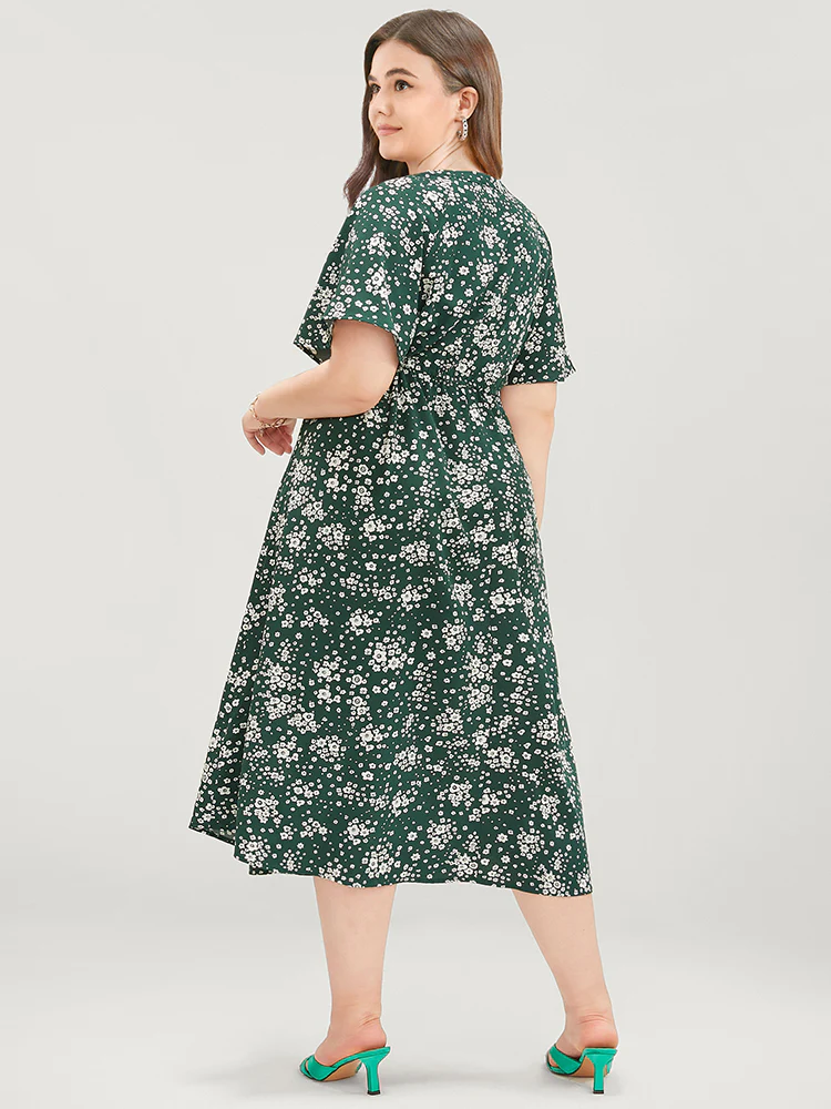 Floral Print Raglan Sleeve Pocket Drawstring Ruffles Dress - Image 9