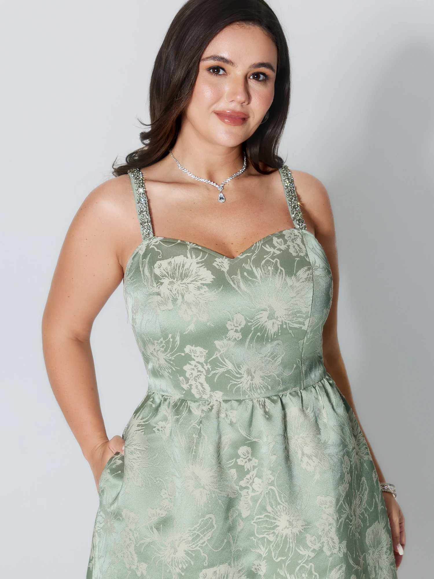 Floral Print Rhinestone Embellished Textured Midi Dress