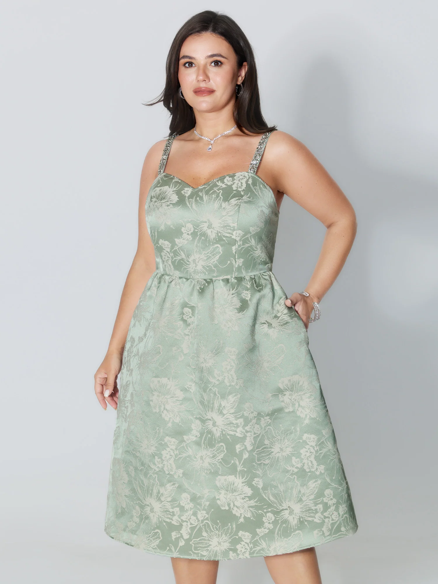 Floral Print Rhinestone Embellished Textured Midi Dress - Image 2