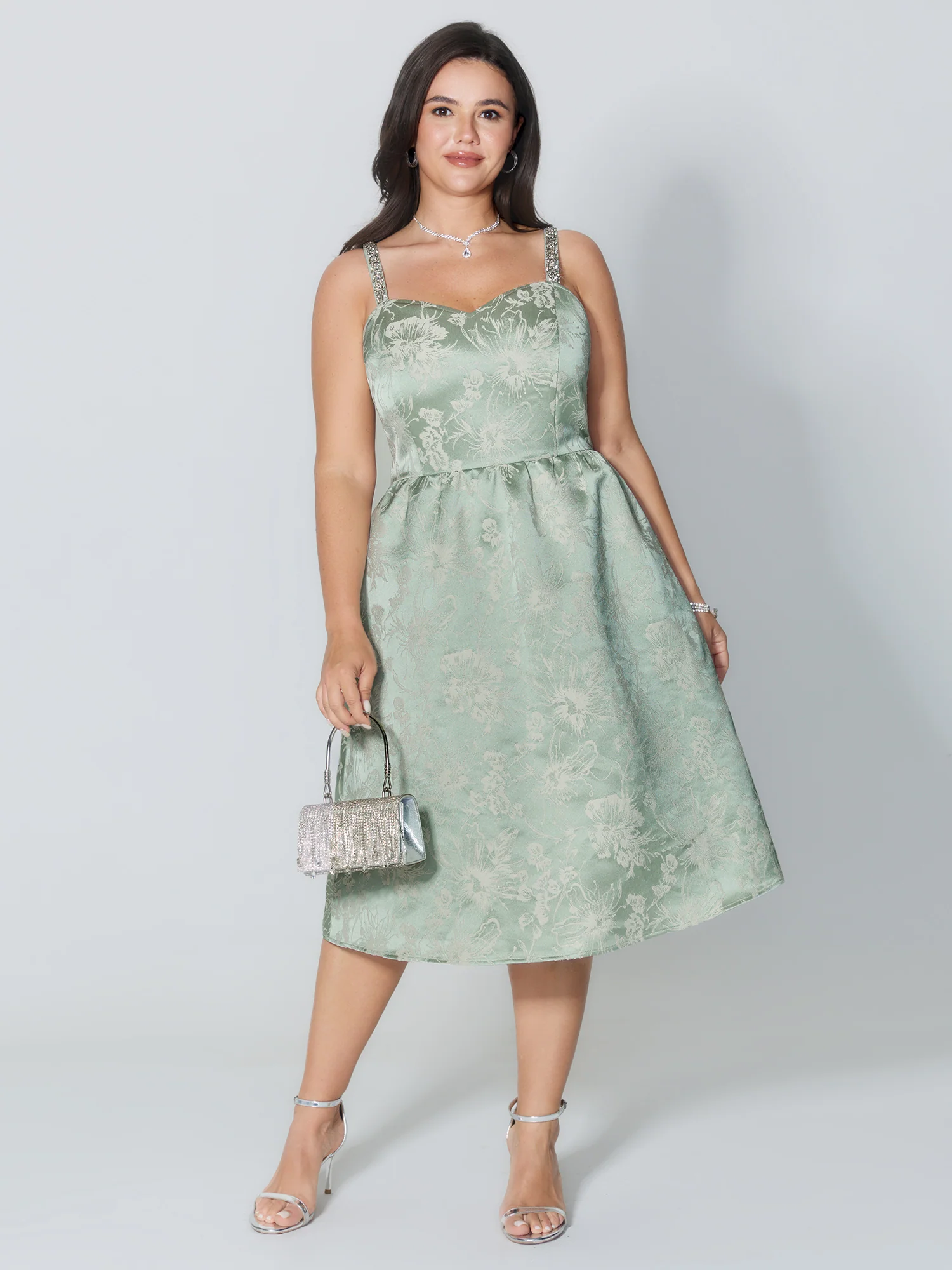 Floral Print Rhinestone Embellished Textured Midi Dress - Image 3