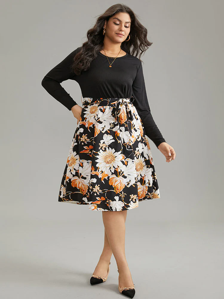 Floral Print Rib Knit Belted Dress - Image 3