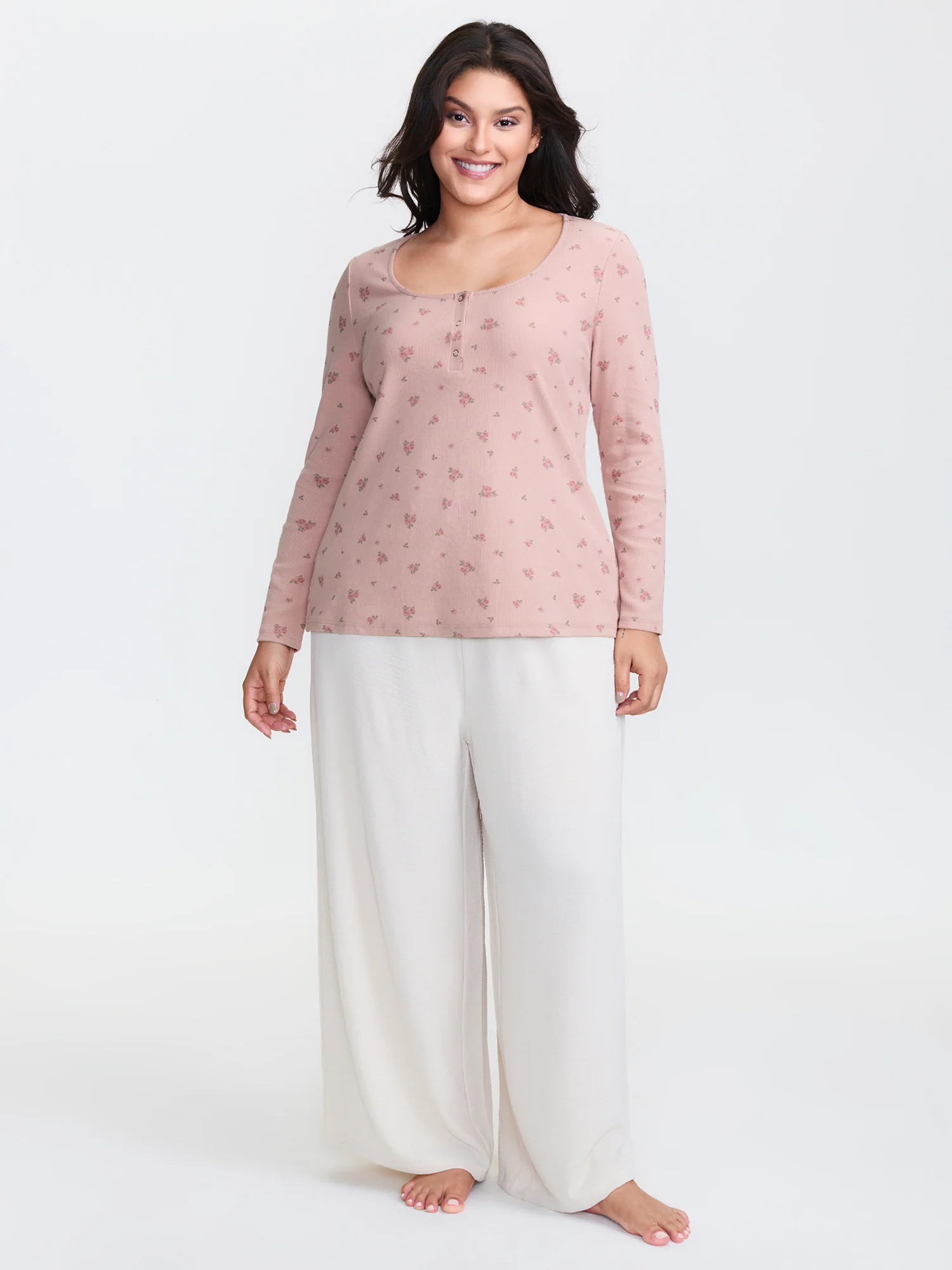 Floral Print Ribbed Button Lounge Top - Image 2