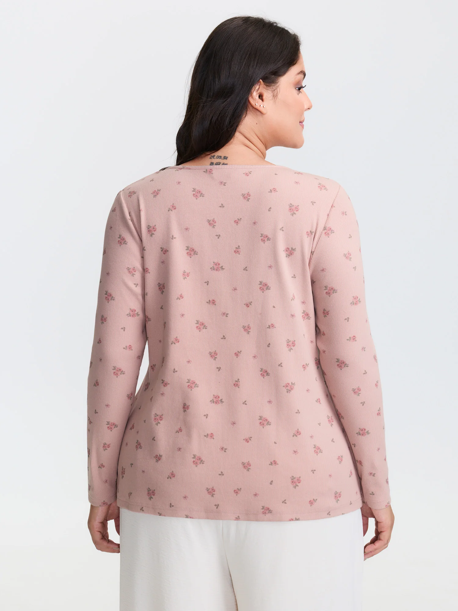 Floral Print Ribbed Button Lounge Top - Image 4
