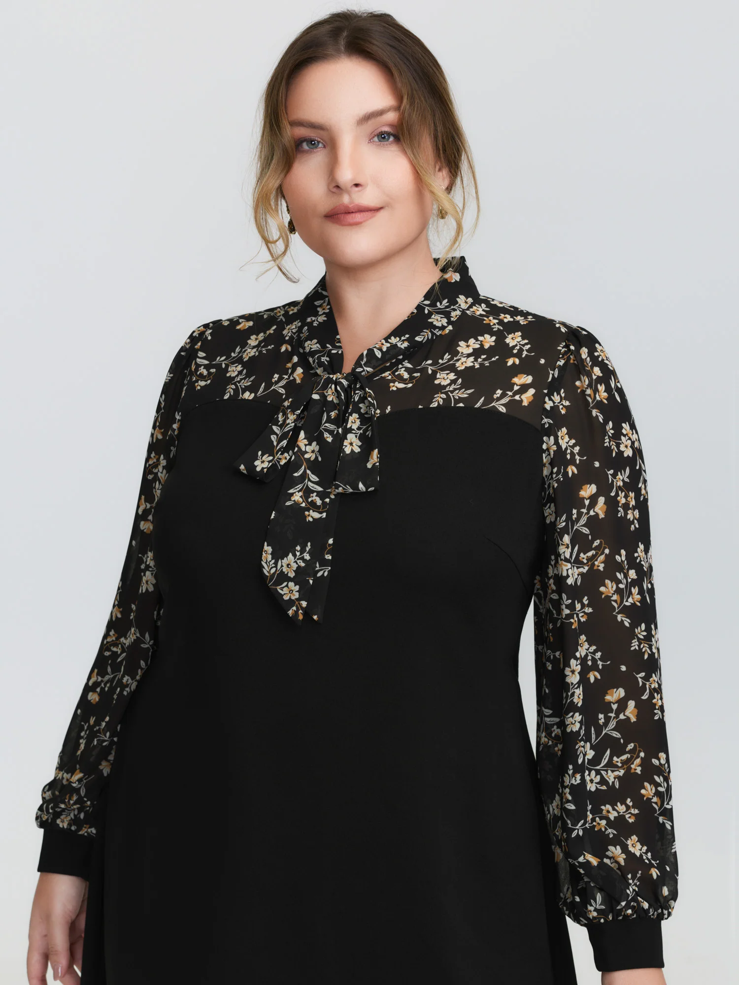 Floral Print Ribbon Neck-Tie Knee Dress - Image 2