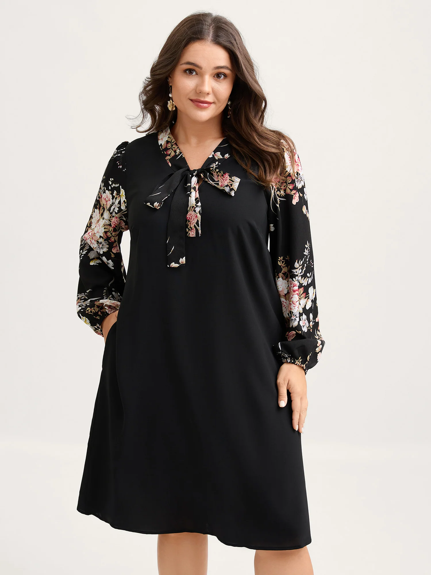 Floral Print Ribbon-Tie Neck Midi Dress - Image 2
