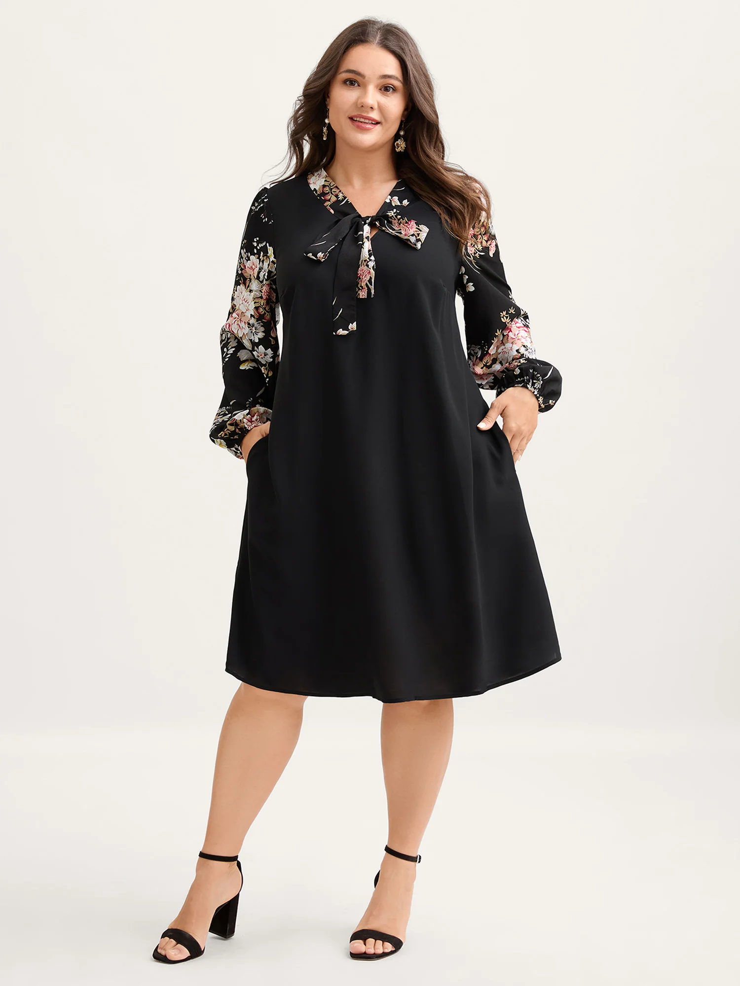 Floral Print Ribbon-Tie Neck Midi Dress - Image 3