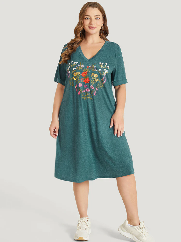 Floral Print Roll Sleeve Pocket V Neck Dress - Image 2