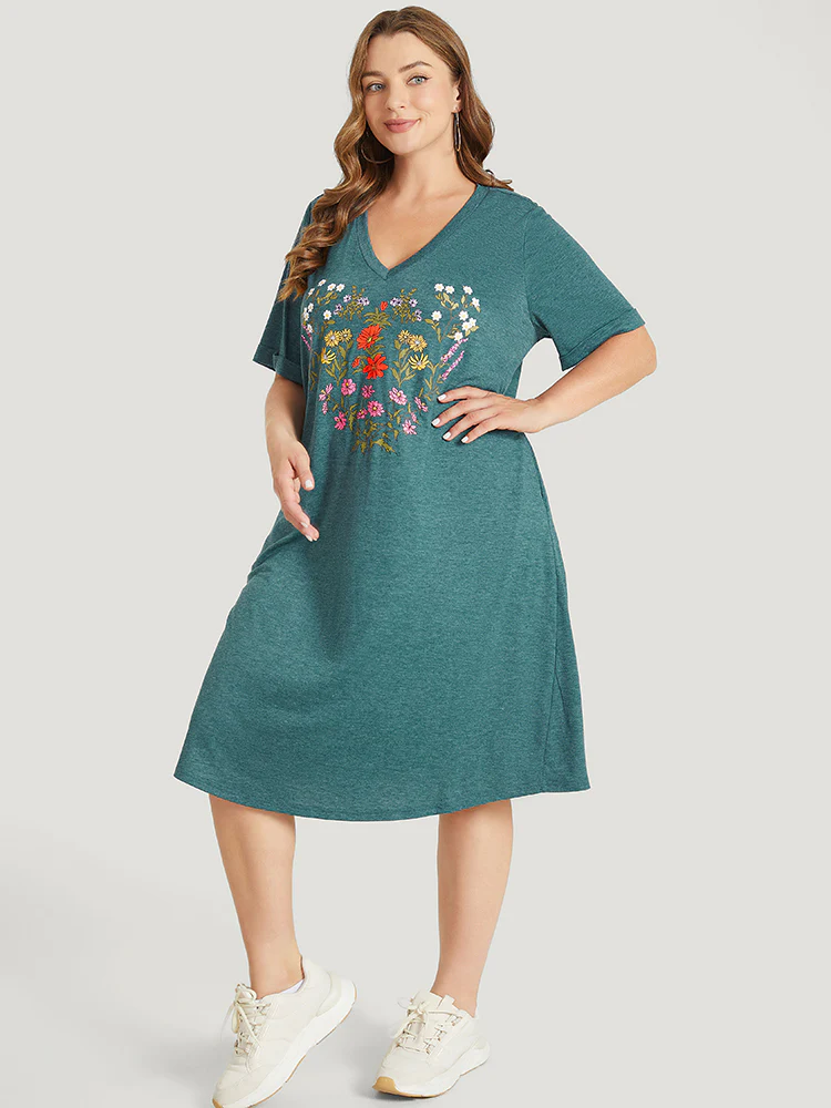 Floral Print Roll Sleeve Pocket V Neck Dress - Image 4