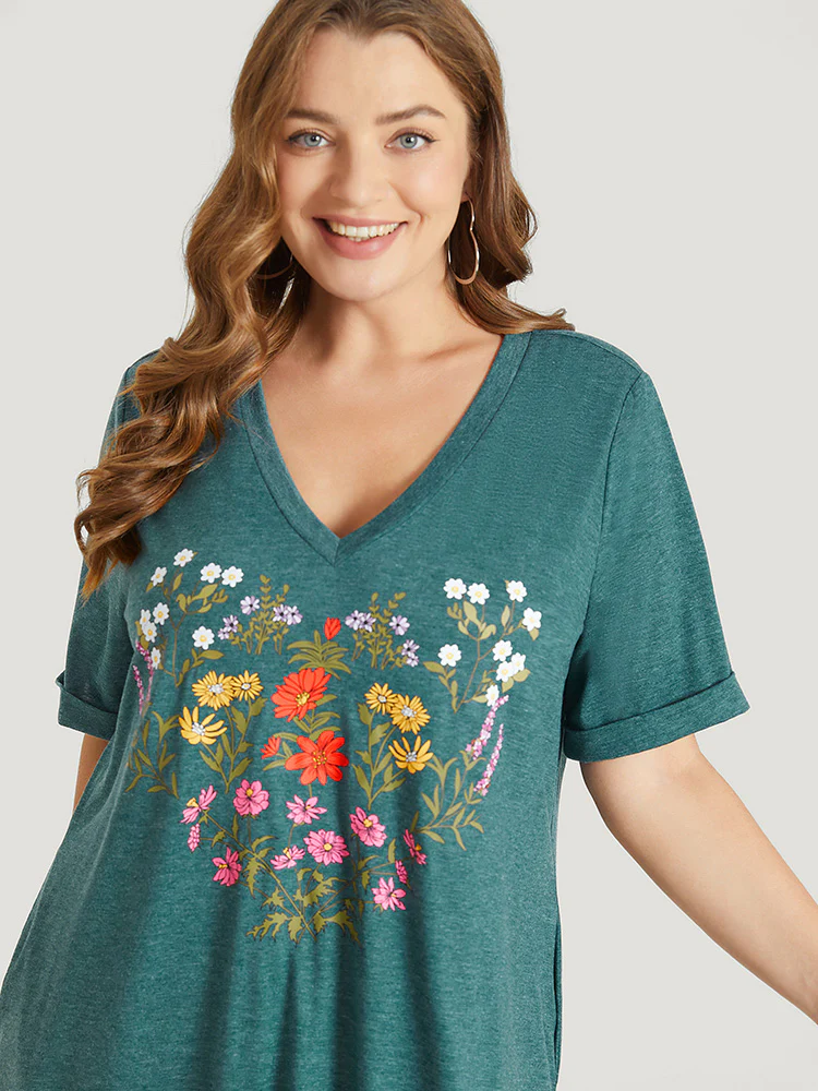 Floral Print Roll Sleeve Pocket V Neck Dress - Image 5