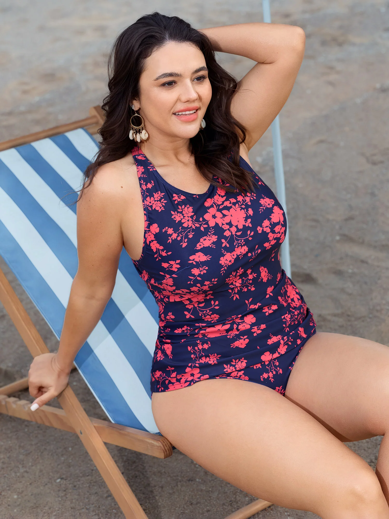 Floral Print Round Neck Shirred Swim Top - Image 2