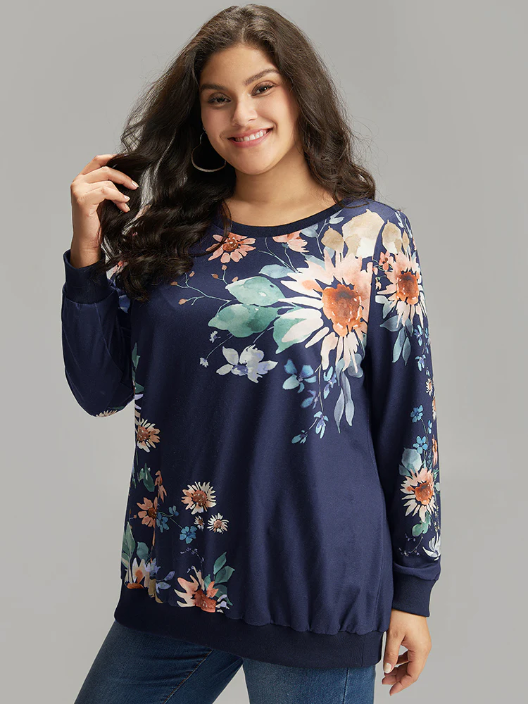Floral Print Round Neck Sweatshirt - Image 3