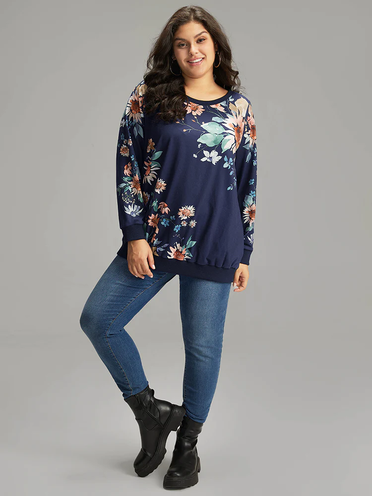 Floral Print Round Neck Sweatshirt - Image 5