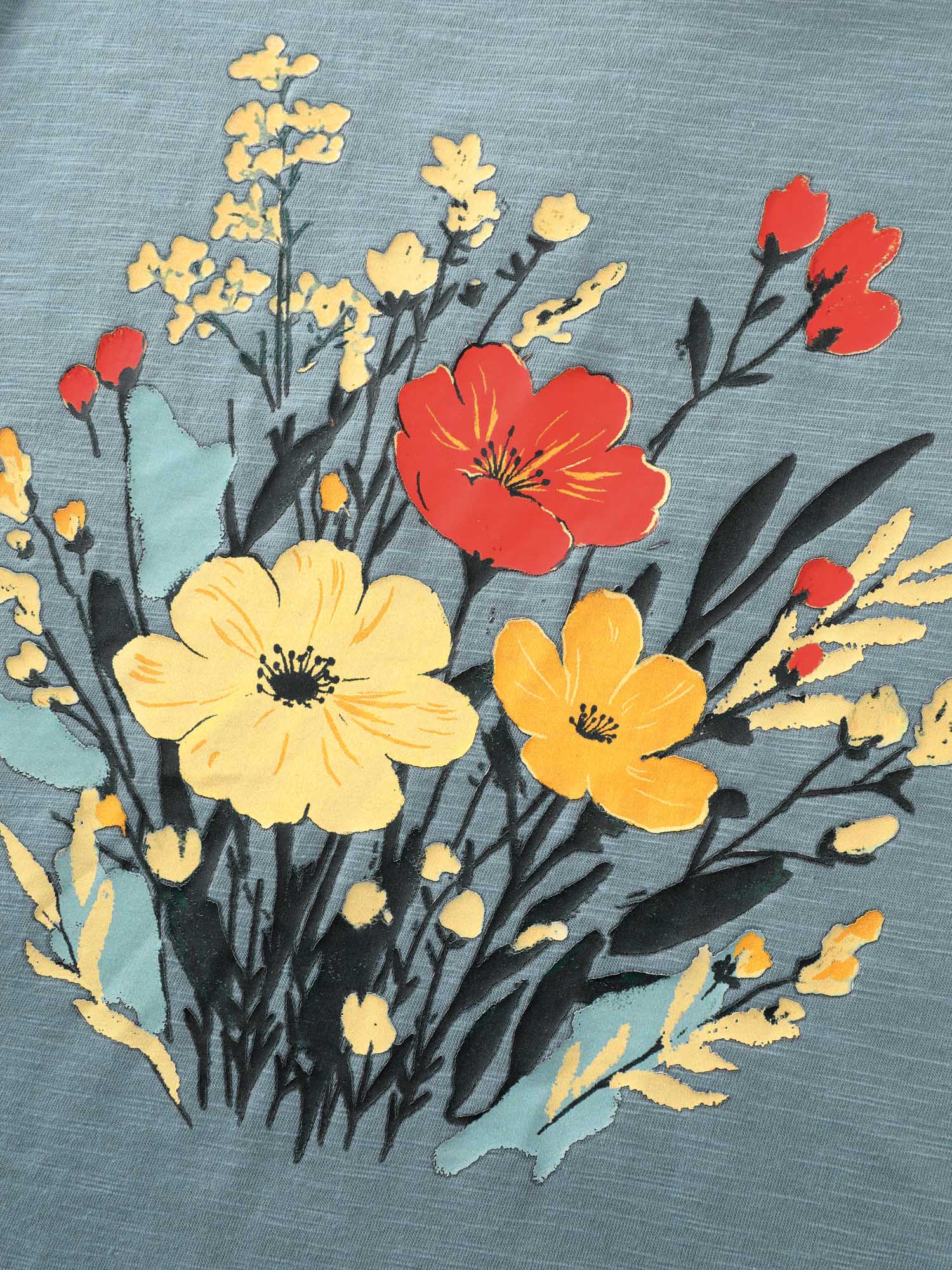 Floral Print Round Neck Textured T-Shirt - Image 5