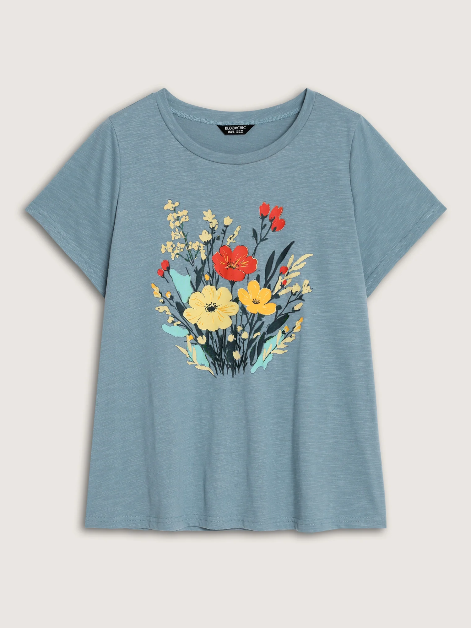Floral Print Round Neck Textured T-Shirt - Image 6