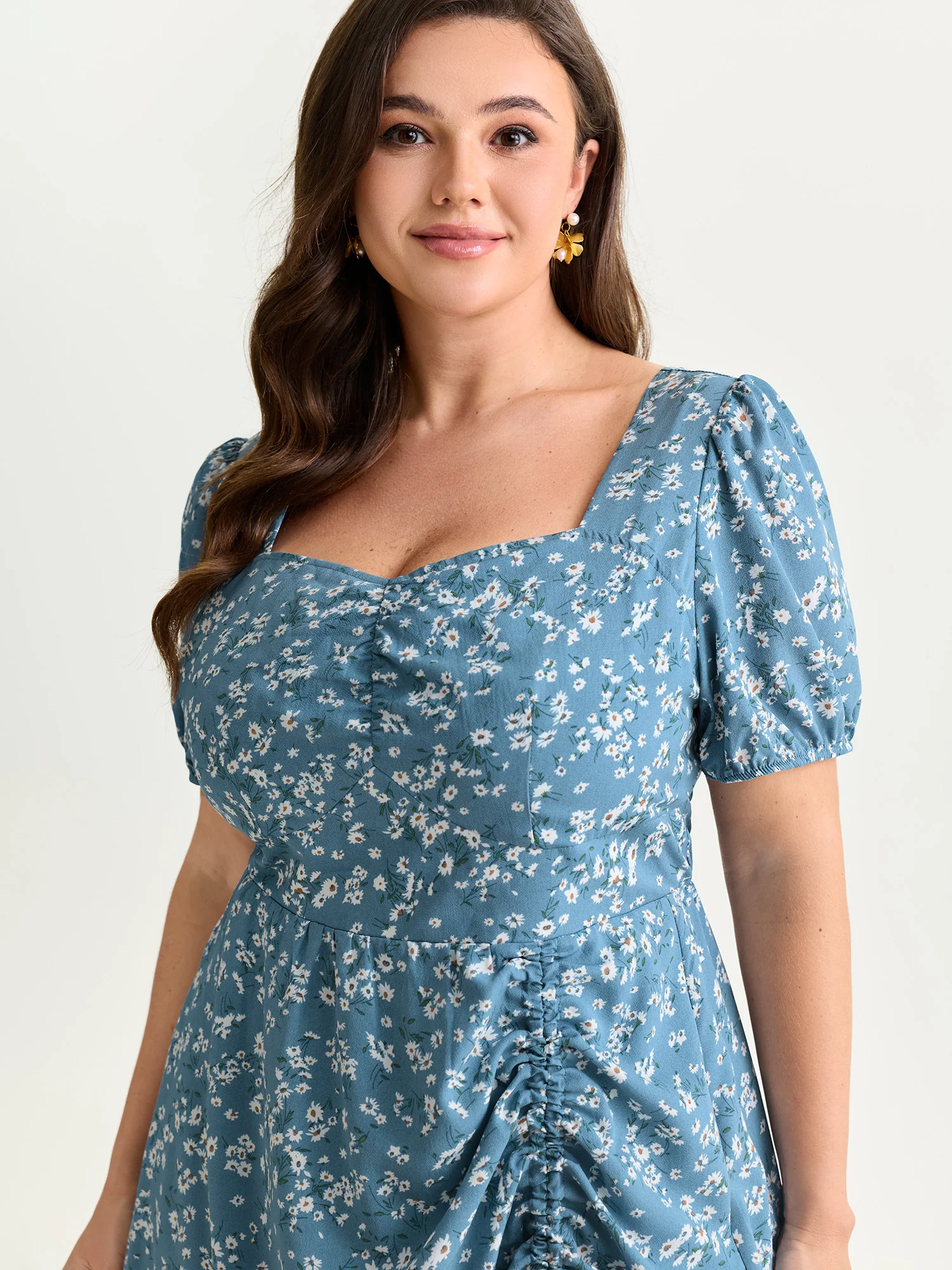 Floral Print Ruched Adjustable Drawstring Hem Midi Dress - Image 2