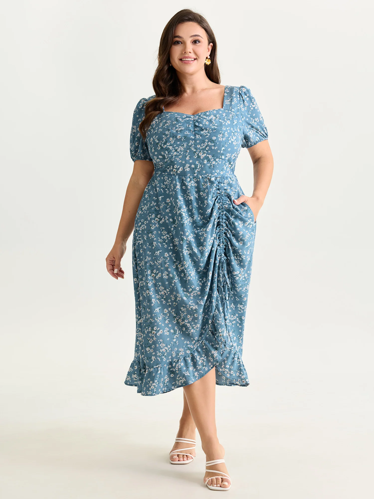 Floral Print Ruched Adjustable Drawstring Hem Midi Dress - Image 3