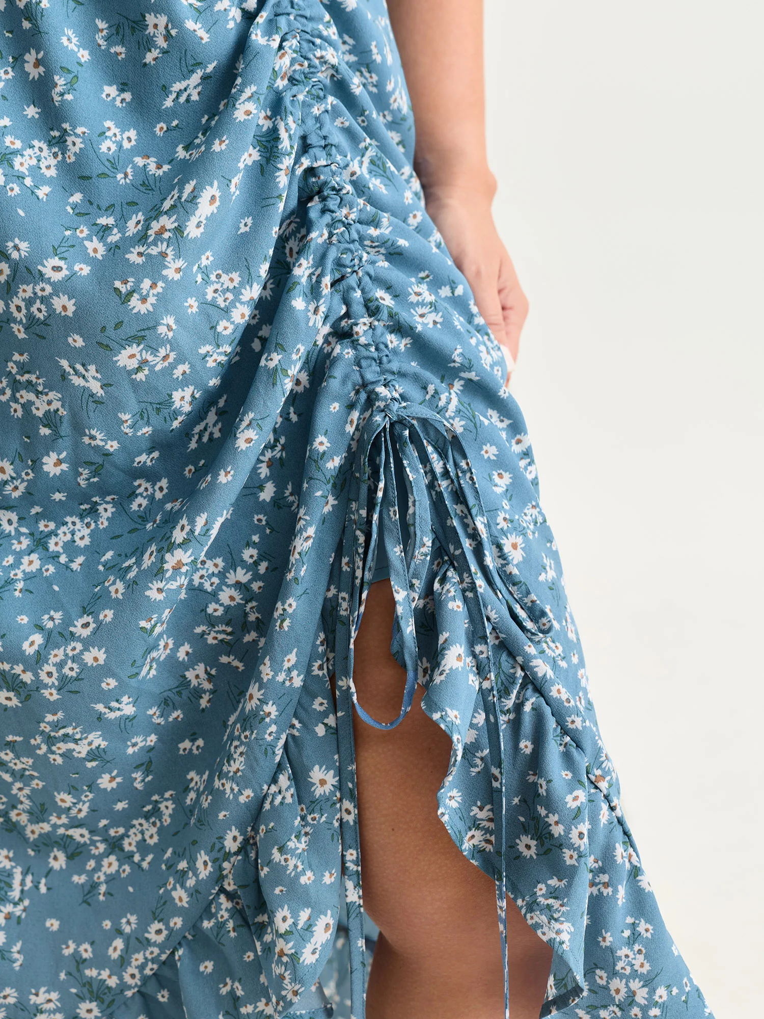 Floral Print Ruched Adjustable Drawstring Hem Midi Dress - Image 4