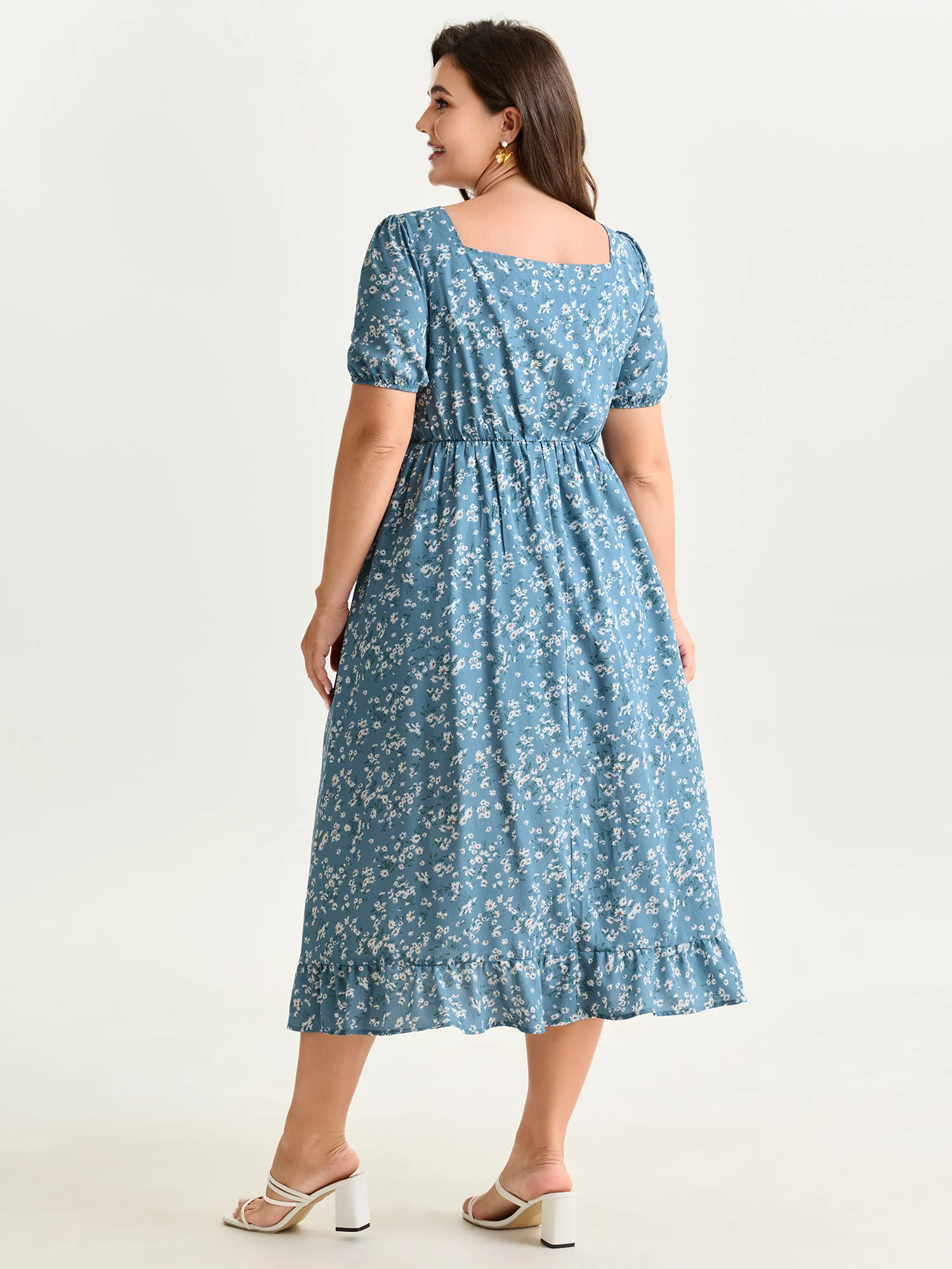Floral Print Ruched Adjustable Drawstring Hem Midi Dress - Image 5