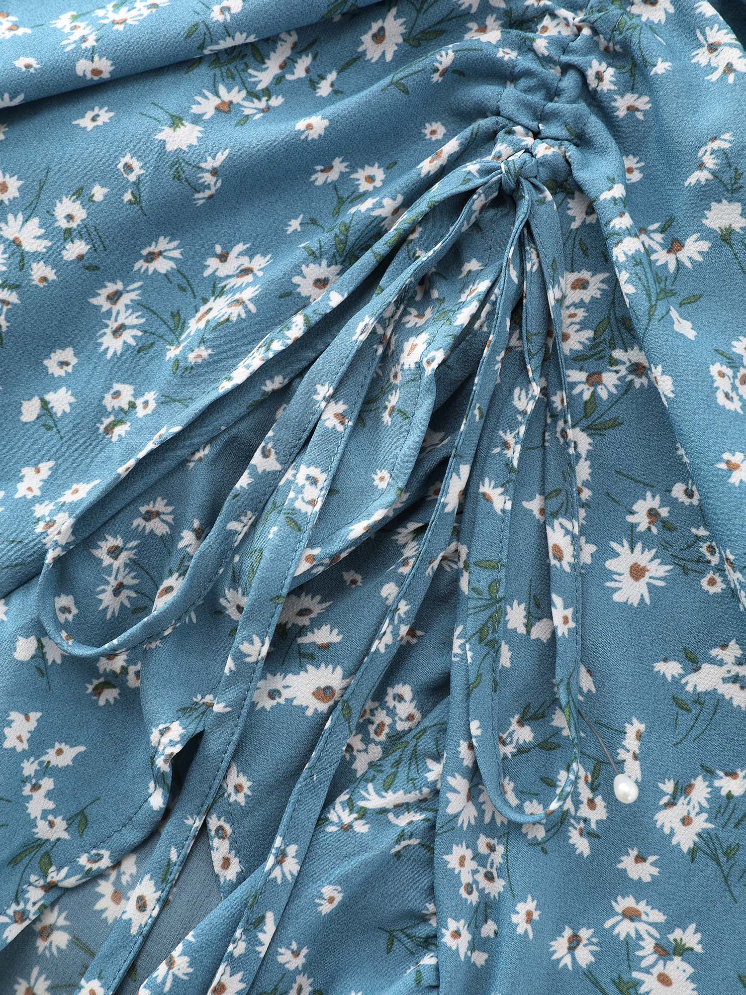 Floral Print Ruched Adjustable Drawstring Hem Midi Dress - Image 6
