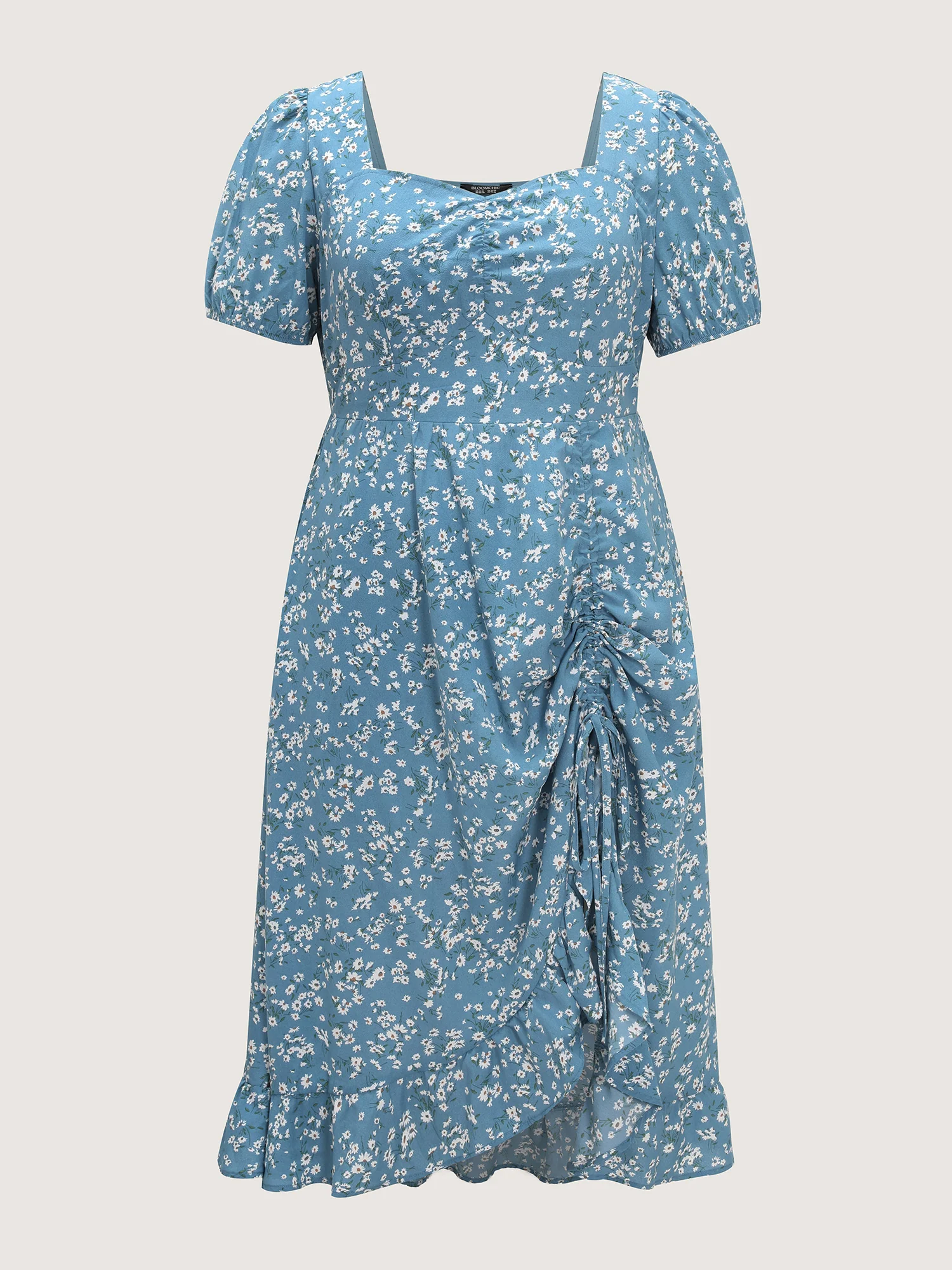 Floral Print Ruched Adjustable Drawstring Hem Midi Dress - Image 8
