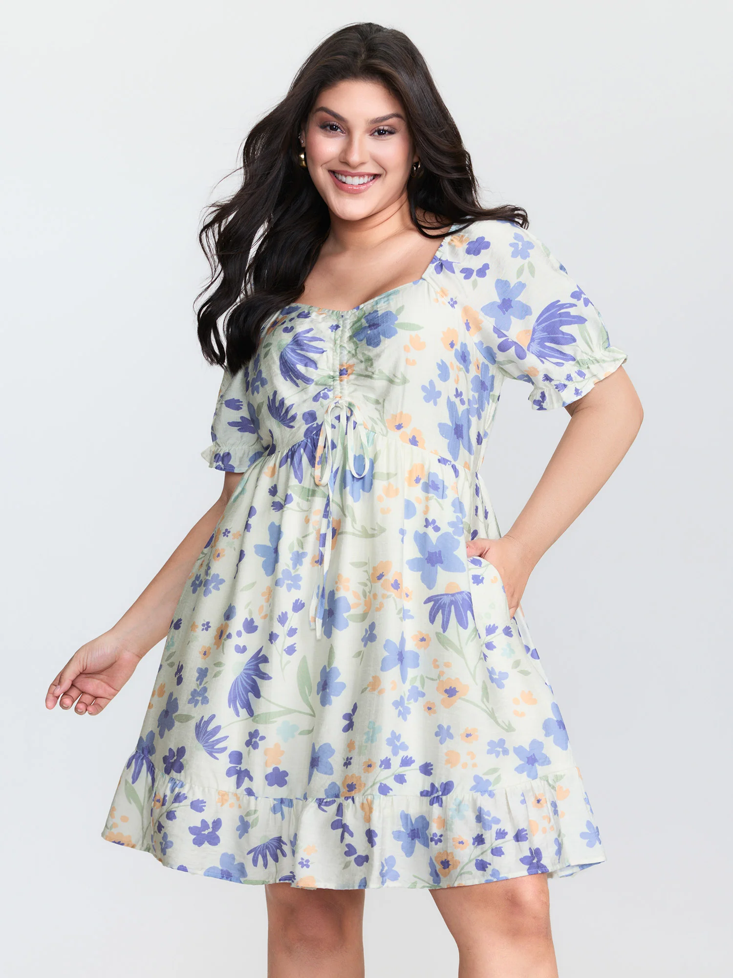 Floral Print Ruched Bodice Ruffled Short Dress - Image 2