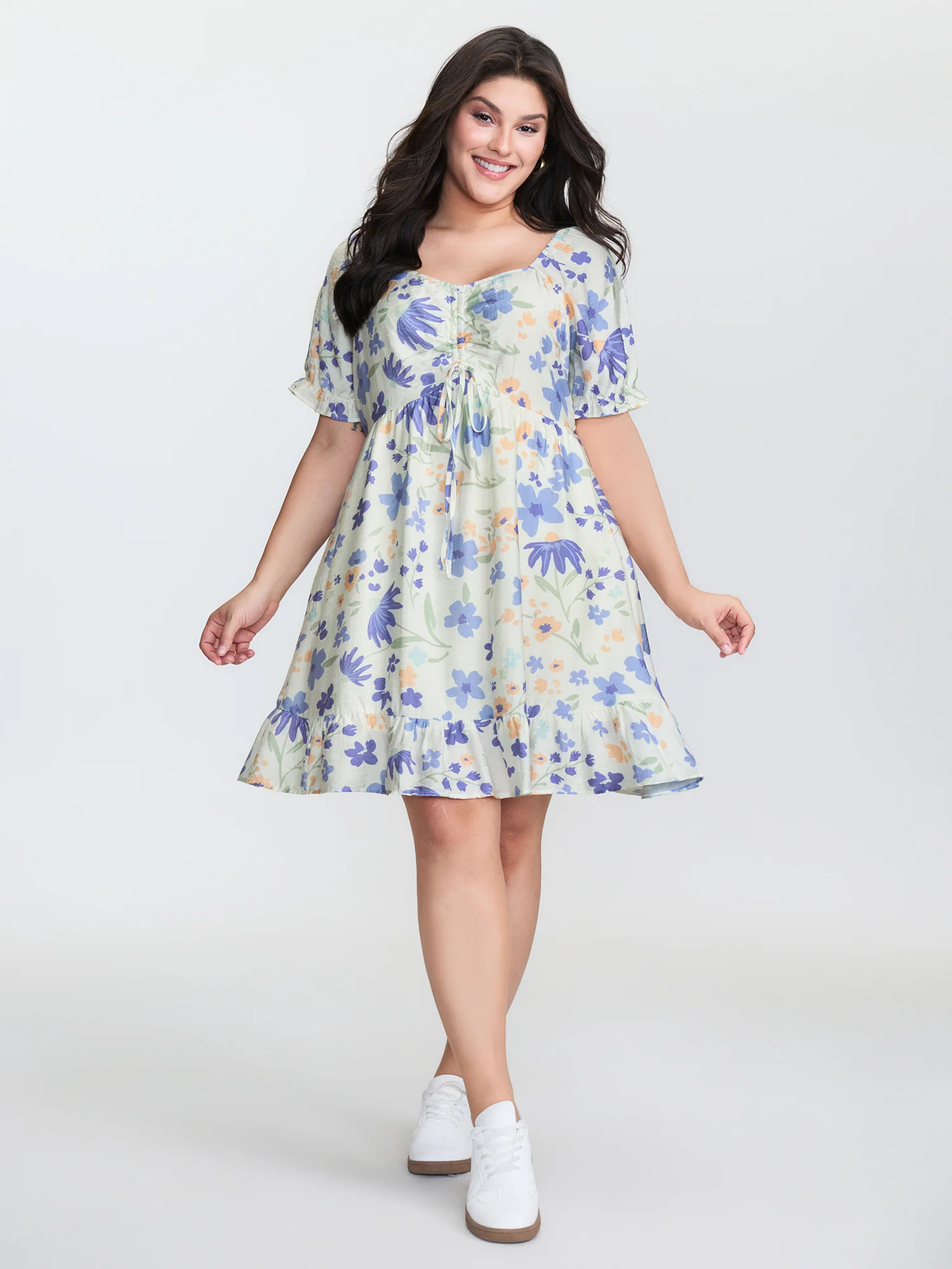Floral Print Ruched Bodice Ruffled Short Dress - Image 3