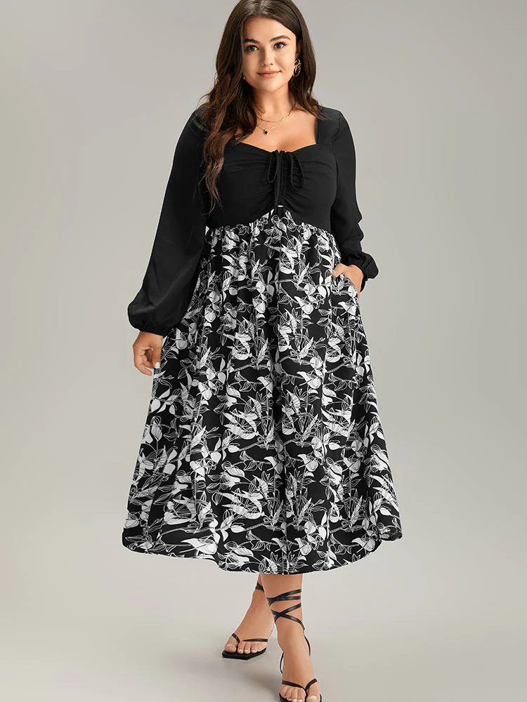 Floral Print Ruched Bowknot Patchwork Dress - Image 2