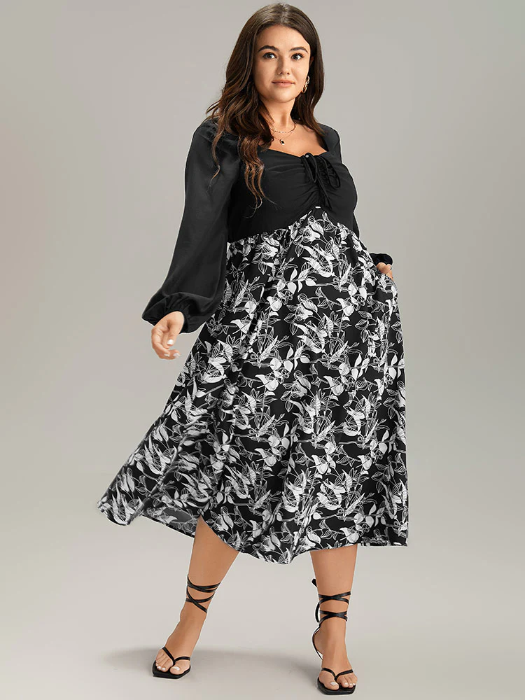 Floral Print Ruched Bowknot Patchwork Dress - Image 4