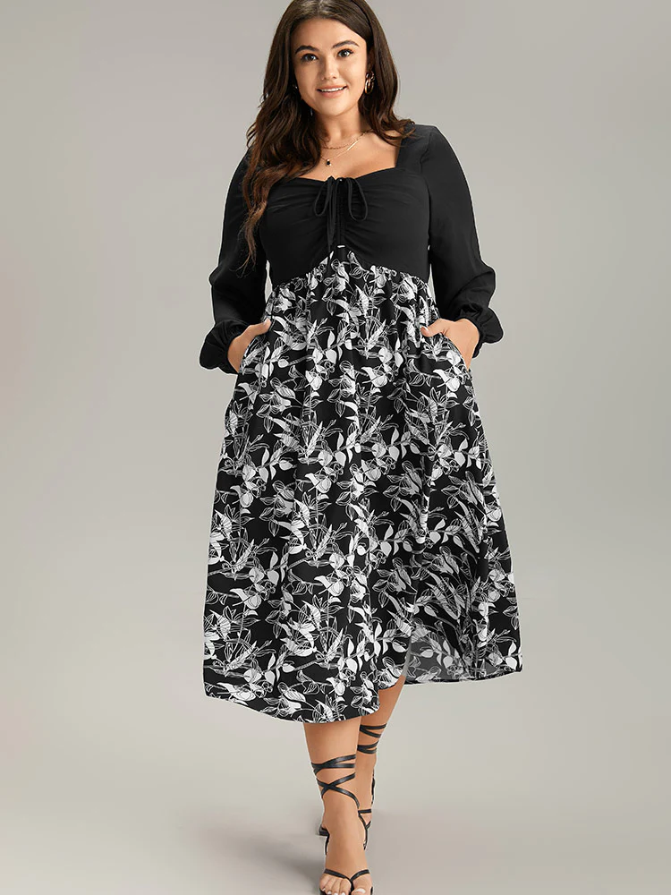 Floral Print Ruched Bowknot Patchwork Dress - Image 5