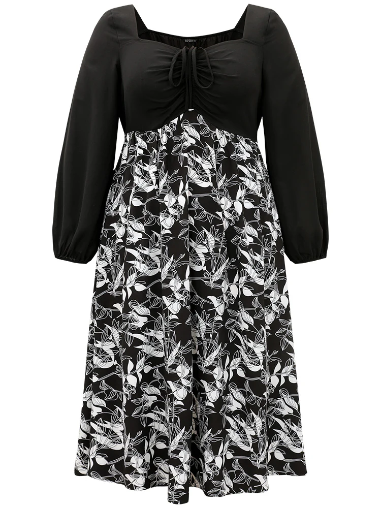 Floral Print Ruched Bowknot Patchwork Dress - Image 8